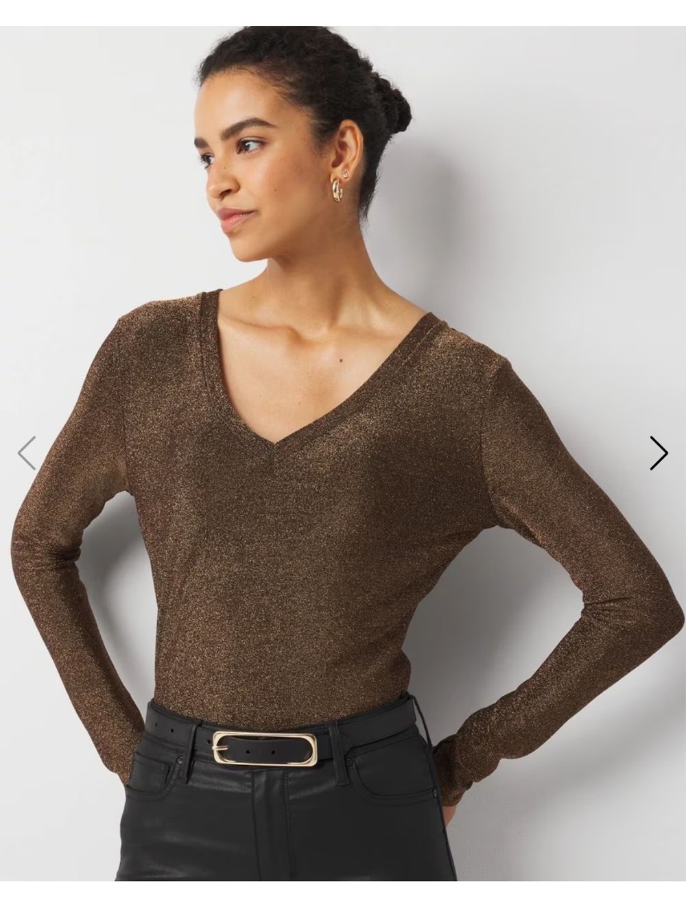White House Black Market Metallic Brown V-Neck Long Sleeve Top